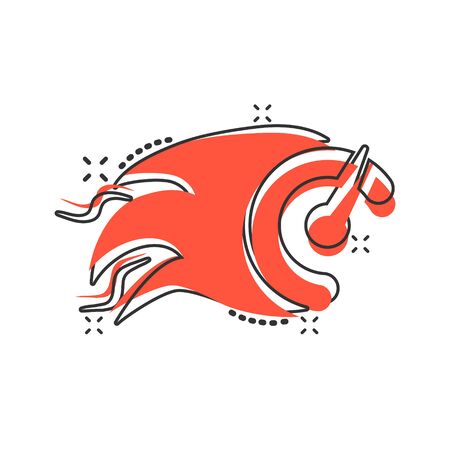 Flaming speedometer sign icon in comic style. Accelerate vector cartoon illustration on white isolated background. Motion tachometer business concept splash effect.のイラスト素材