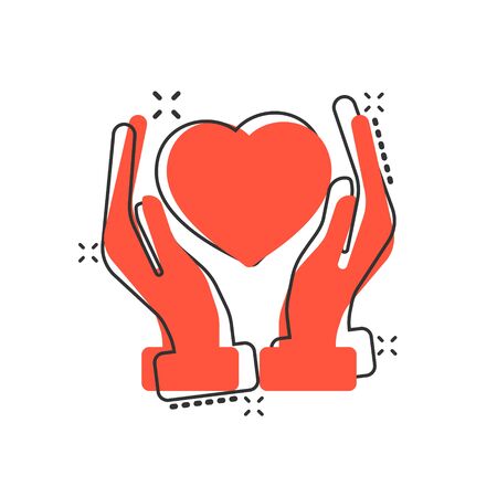 Heart care icon in comic style. Charity vector cartoon illustration on white isolated background. Love in hand business concept splash effect.のイラスト素材