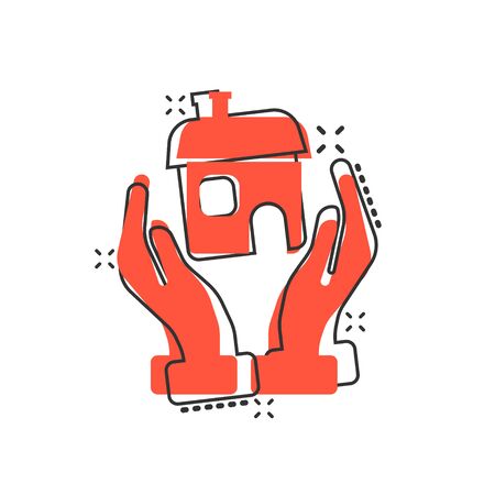 Home care icon in comic style. Hand hold house vector cartoon illustration on white isolated background. Building quality business concept splash effect.のイラスト素材