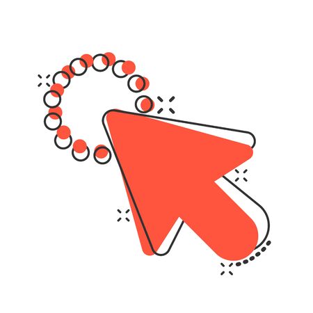 Computer mouse cursor icon in comic style. Arrow cursor vector cartoon illustration pictogram. Mouse aim business concept splash effect.のイラスト素材