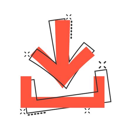 Download file icon in comic style. Arrow down vector cartoon illustration pictogram splash effect.のイラスト素材