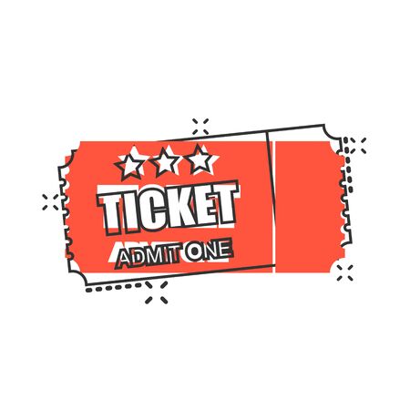 Cinema ticket icon in comic style. Admit one coupon entrance vector cartoon illustration pictogram splash effect.のイラスト素材