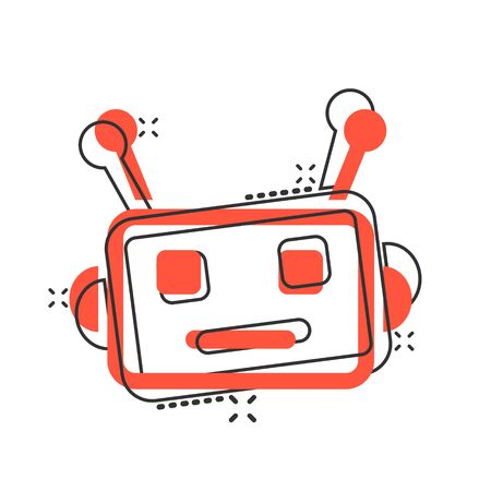Cute robot chatbot icon in comic style. Bot operator vector cartoon illustration pictogram splash effect.のイラスト素材