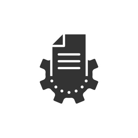 Document with gear icon in flat style. Big data processing vector illustration on white isolated background. Paper sheet software solution business concept.のイラスト素材
