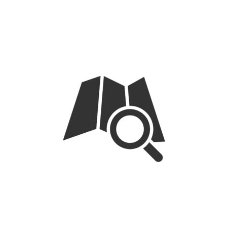 Map with magnifier icon in flat style. Gps navigation vector illustration on white isolated background. Locate position business concept.のイラスト素材