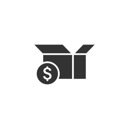 Shipping box with dollar icon in flat style. Container vector illustration on white isolated background. Cardboard package business concept.のイラスト素材