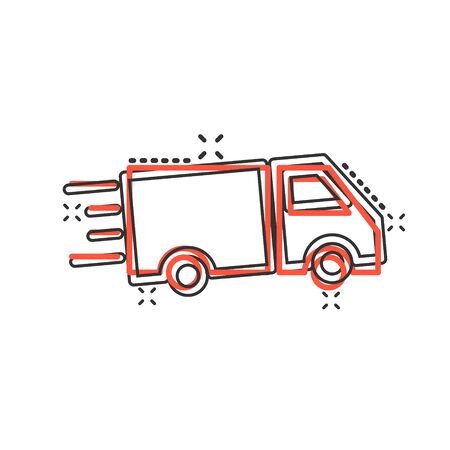 Truck icon in comic style. Auto delivery cartoon vector illustration on white isolated background. Lorry automobile splash effect business concept.のイラスト素材