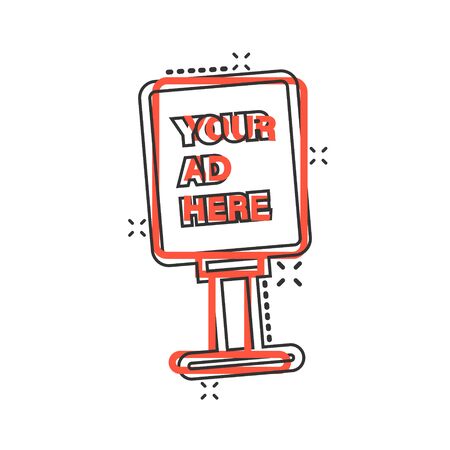 Billboard icon in comic style. Citylight display cartoon vector illustration on white isolated background. Banner placard splash effect business concept.のイラスト素材