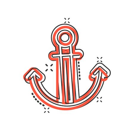 Boat anchor icon in comic style. Vessel hook cartoon vector illustration on white isolated background. Ship equipment splash effect business concept.のイラスト素材