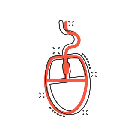 Computer mouse icon in comic style. Cursor cartoon vector illustration on white isolated background. Pointer splash effect business concept.のイラスト素材