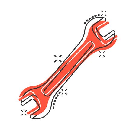 Wrench icon in comic style. Spanner key cartoon vector illustration on white isolated background. Repair equipment splash effect business concept.のイラスト素材