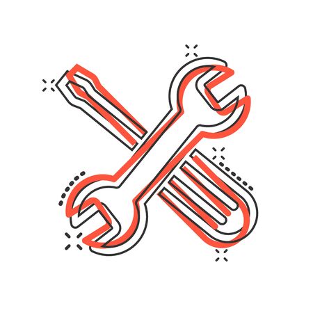 Wrench and screwdriver icon in comic style. Spanner key cartoon vector illustration on white isolated background. Repair equipment splash effect business concept.のイラスト素材
