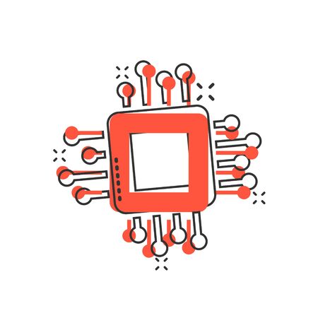 Computer cpu icon in comic style. Circuit board cartoon vector illustration on white isolated background. Motherboard chip splash effect business concept.のイラスト素材