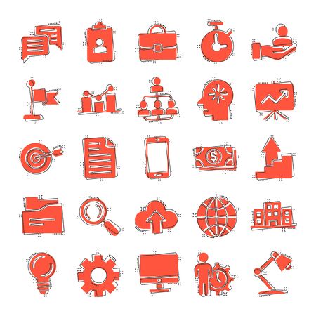 Business icons set in comic style. Finance strategy cartoon vector illustration on white isolated background. Marketing splash effect business concept.のイラスト素材
