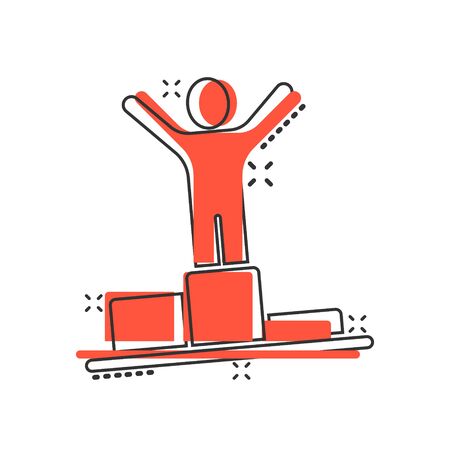 People win icon in comic style. Champion on podium cartoon vector illustration on white isolated background. Award ceremony splash effect business concept.のイラスト素材