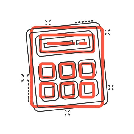 Calculator icon in comic style. Calculate cartoon vector illustration on white isolated background. Calculation splash effect business concept.のイラスト素材