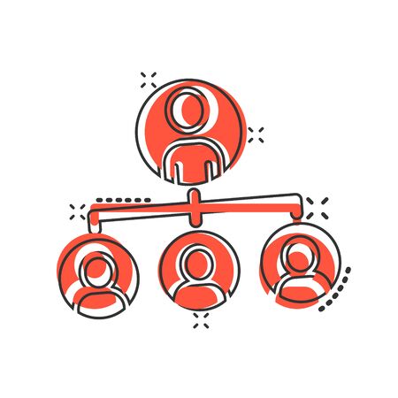 Corporate organization chart people vector icon in comic style. People cooperation cartoon illustration on white background. Teamwork splash effect business concept.のイラスト素材