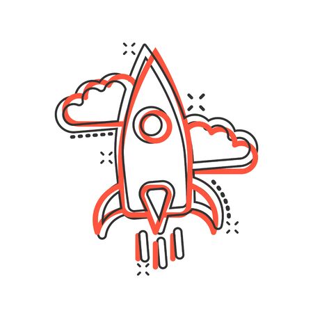 Rocket icon in comic style. Spaceship launch cartoon vector illustration on white isolated background. Sputnik splash effect business concept.のイラスト素材