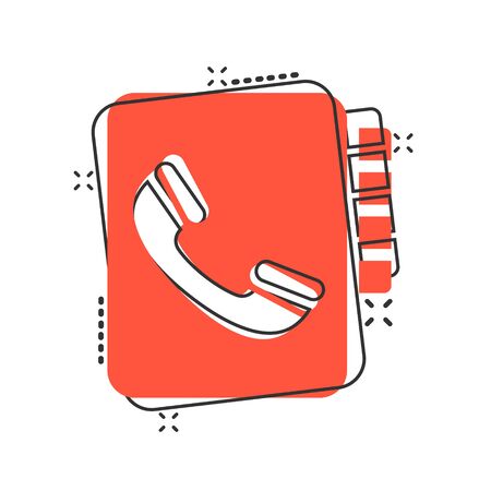 Address phone book icon in comic style. Telephone notebook cartoon vector illustration on white isolated background. Hotline contact splash effect business concept.のイラスト素材
