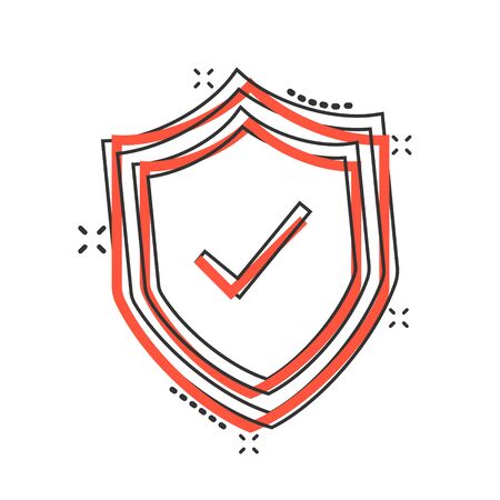 Shield with check mark icon in comic style. Protect cartoon vector illustration on white isolated background. Checkmark guard splash effect business concept.のイラスト素材