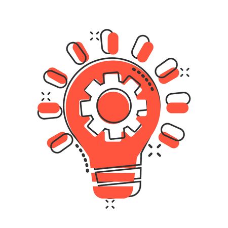 Innovation icon in comic style. Lightbulb with cogwheel cartoon vector illustration on white isolated background. Idea splash effect business concept.のイラスト素材
