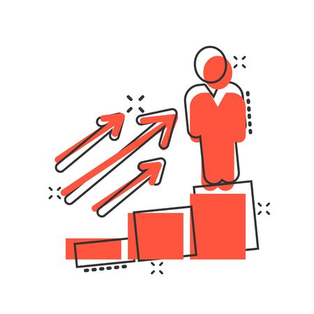 People with growth arrow icon in comic style. Work strategy cartoon vector illustration on white isolated background. Office training splash effect business concept.のイラスト素材