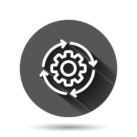 Workflow icon in flat style. Gear effective vector illustration on black round background with long shadow effect. Process organization circle button business concept.のイラスト素材