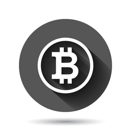 Bitcoin icon in flat style. Blockchain vector illustration on black round background with long shadow effect. Cryptocurrency circle button business concept.のイラスト素材