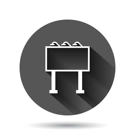 Billboard icon in flat style. Citylight display vector illustration on black round background with long shadow effect. Banner placard circle button business concept.のイラスト素材