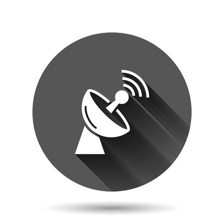 Antenna tower icon in flat style. Broadcasting vector illustration on black round background with long shadow effect. Wifi circle button business concept.のイラスト素材