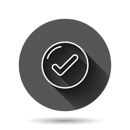 Check mark sign icon in flat style. Confirm button vector illustration on black round background with long shadow effect. Accepted circle button business concept.のイラスト素材
