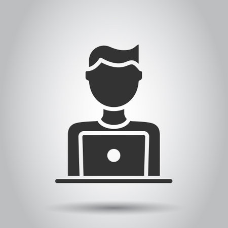 People with laptop computer icon in flat style. Pc user vector illustration on white isolated background. Office manager business concept.のイラスト素材