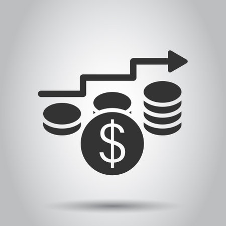 Income rate increase icon in flat style. Finance performance vector illustration on white isolated background. Coin with growth arrow business concept.のイラスト素材