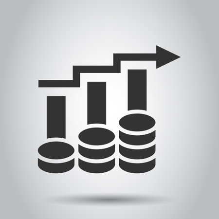 Income rate increase icon in flat style. Finance performance vector illustration on white isolated background. Coin with growth arrow business concept.のイラスト素材
