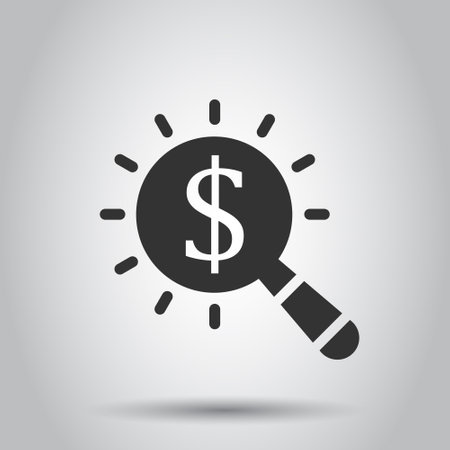 Magnifier glass with money icon in flat style. Dollar search vector illustration on white isolated background. Financial currency business concept.のイラスト素材
