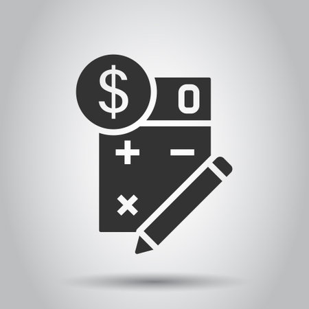 Tax payment icon in flat style. Budget invoice vector illustration on white isolated background. Calculator with dollar coin and pencil business concept.のイラスト素材