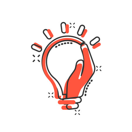 Lightbulb in hand icon in comic style. Bulb cartoon vector illustration on white isolated background. Lamp splash effect business concept.のイラスト素材
