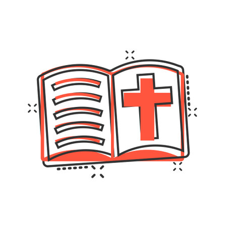 Bible book icon in comic style. Church faith cartoon vector illustration on white isolated background. Spirituality splash effect business concept.のイラスト素材