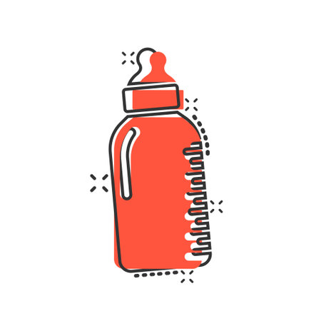 Baby bottle icon in comic style. Milk container cartoon vector illustration on white isolated background. Drink glass splash effect business concept.のイラスト素材