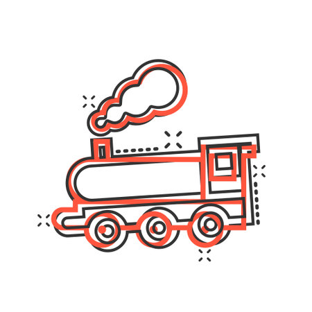 Metro icon in comic style. Train subway cartoon vector illustration on white isolated background. Railroad cargo splash effect business concept.のイラスト素材