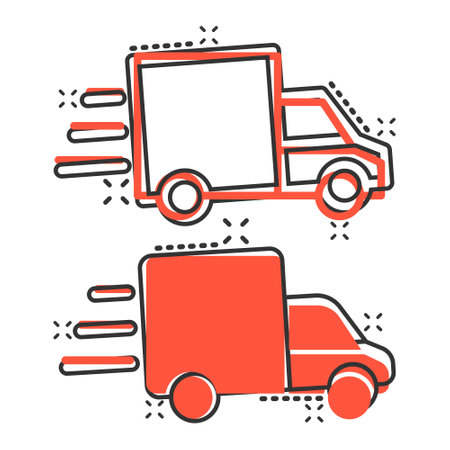 Truck icon in comic style. Auto delivery cartoon vector illustration on white isolated background. Lorry automobile splash effect business concept.のイラスト素材