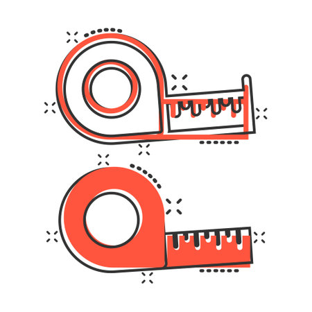 Measure tape icon in comic style. Ruler cartoon sign vector illustration on white isolated background. Meter splash effect business concept.のイラスト素材