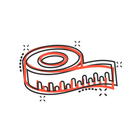 Measure tape icon in comic style. Ruler cartoon sign vector illustration on white isolated background. Meter splash effect business concept.のイラスト素材
