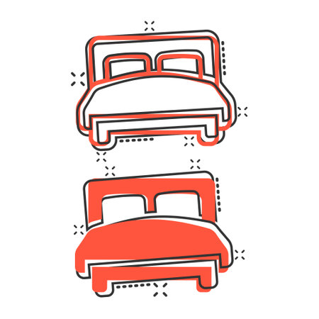 Bed icon in comic style. Bedroom cartoon sign vector illustration on white isolated background. Bedstead splash effect business concept.のイラスト素材