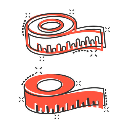 Measure tape icon in comic style. Ruler cartoon sign vector illustration on white isolated background. Meter splash effect business concept.のイラスト素材