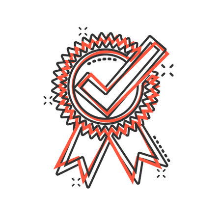 Winner icon in comic style. Rosette award cartoon vector illustration on white isolated background. Medal splash effect business concept.のイラスト素材