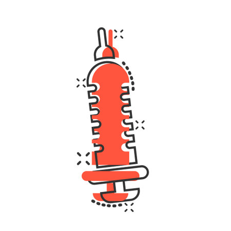 Syringe icon in comic style. Inject needle cartoon vector illustration on white isolated background. Drug dose splash effect business concept.のイラスト素材