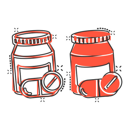 Pill bottle icon in comic style. Drugs cartoon vector illustration on white isolated background. Pharmacy splash effect business concept.のイラスト素材