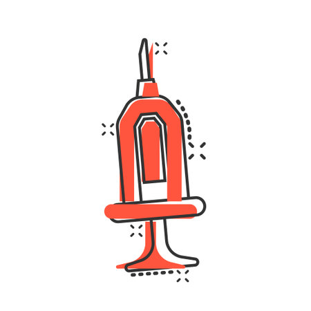 Syringe icon in comic style. Inject needle cartoon vector illustration on white isolated background. Drug dose splash effect business concept.のイラスト素材
