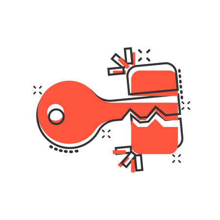 Locker icon in comic style. Padlock password cartoon vector illustration on white isolated background. Key unlock splash effect business concept.のイラスト素材